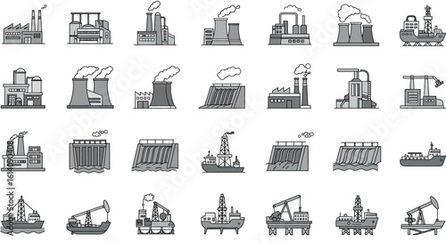 Industrial and marine energy icons in linear style for infrastructure projects