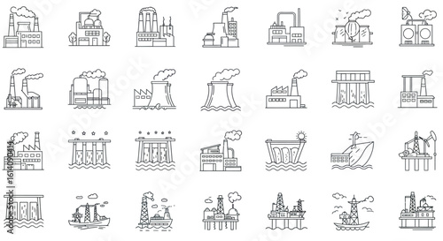 Linear industrial buildings and energy facilities icons set with factories, oil rigs, and dams