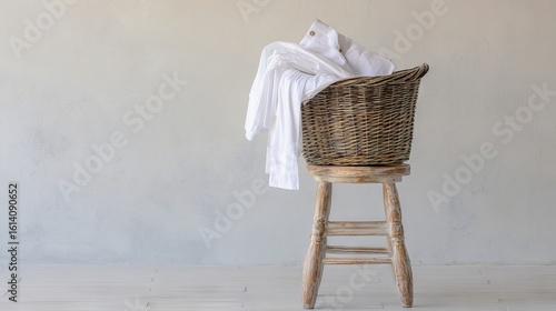Wicker basket filled with freshly laundered white clothes, placed on a rustic wooden stool against a soft, neutral-toned wall, creating a serene and inviting atmosphere