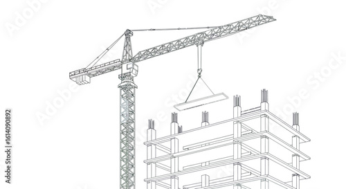 Construction site with tower crane and building framework in linear design