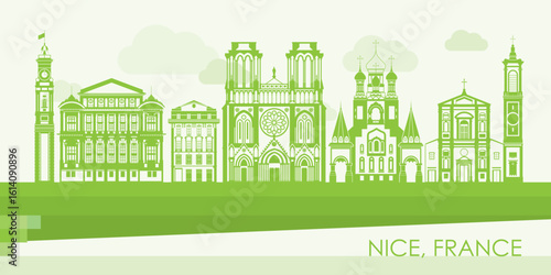 Green Skyline panorama of City of Nice, France - vector illustration