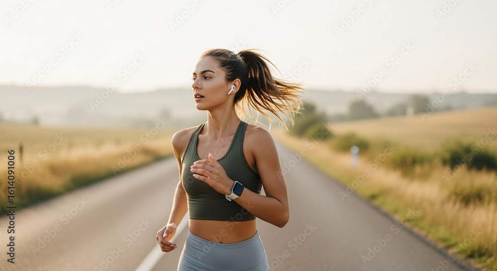 Focused Woman Running on Rural Road with Wireless Earbuds and Smartwatch at Sunrise. Focused Woman Running on Rural Road with Wireless Earbuds and Smartwatch at Sunrise.