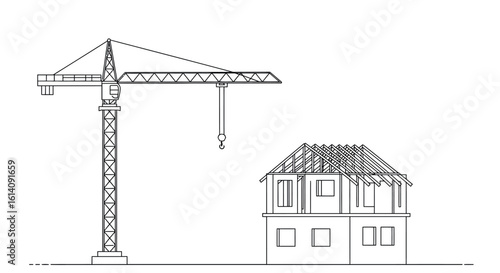 Construction scene with tower crane and house framework in linear style
