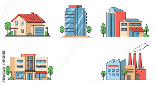 Modern building icons set featuring residential, commercial, industrial, and governmental structures in flat design