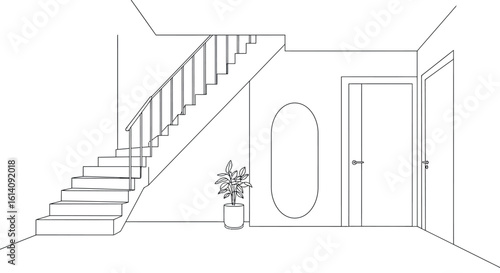 Minimalist linear interior with stairs and plant in modern home design