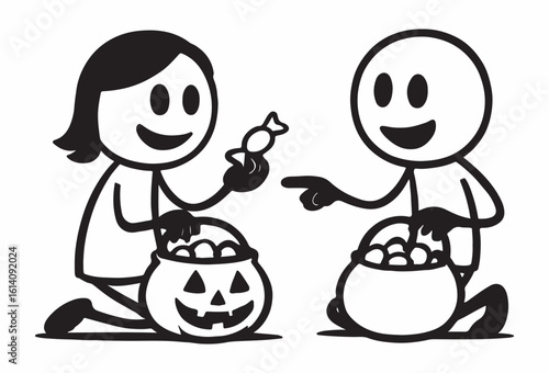 Two happy children excitedly comparing their halloween candy haul after trick or treating