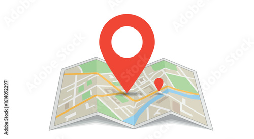 Folded map with red location pin and city streets