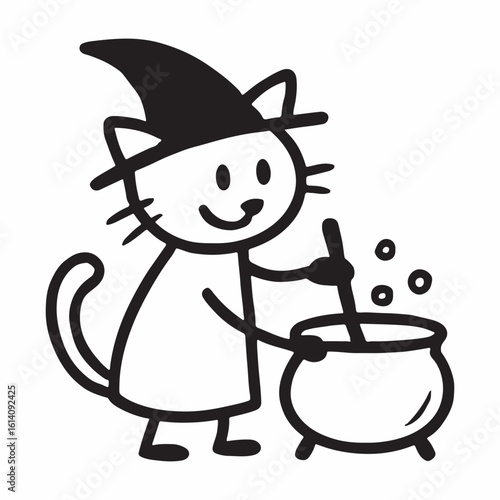 Whimsical witch cat conjuring magic in a small cauldron with a spooky halloween theme