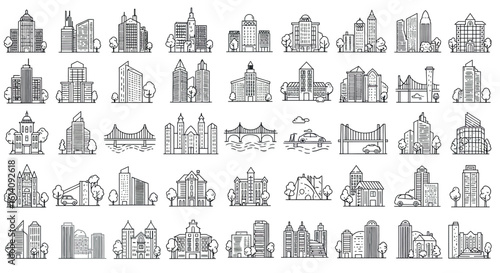Urban skyline collection: linear cityscape illustrations with diverse architectural styles