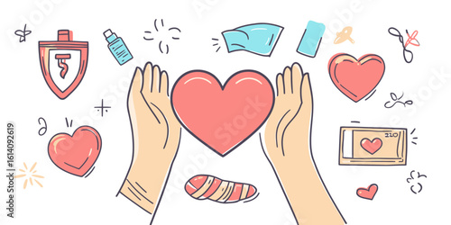 Charity donation hands holding heart surrounded by medical supplies bandage sanitizer baby pacifier and blood donation elements doodle line art vector illustration
