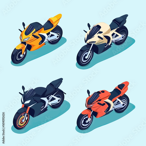 Isometric vector set of modern colorful sport motorcycles isolated on light background in flat minimalist style with detailed shadows and reflections