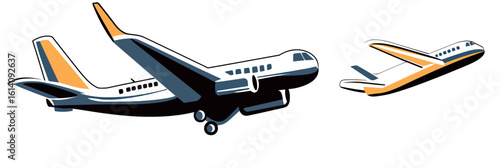 Two commercial jet airplanes flying side by side in white background vector illustration with flat minimalist design style, aviation and air travel concept