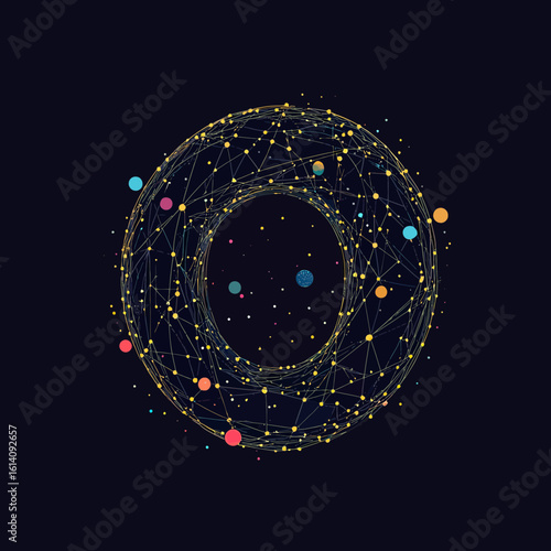 Abstract letter O made of interconnected golden nodes and colorful planets in space with starry cosmic background representing futuristic technology and astronomy concepts vector design