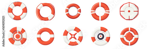 Set of twelve red and white lifebuoy icons with various designs and safety rope details isolated on white background for nautical safety and maritime rescue concepts in flat vector style