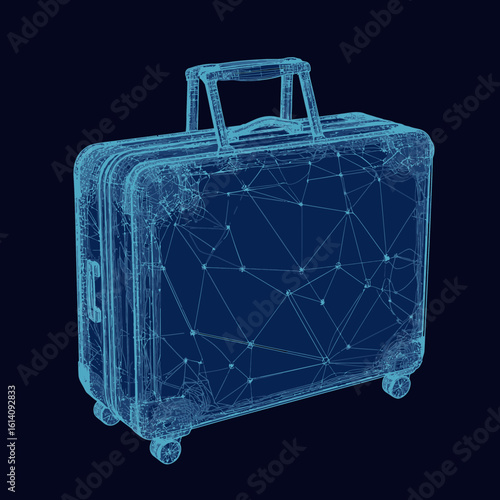 Blue wireframe digital suitcase with network mesh connections and wheels travel concept technology illustration