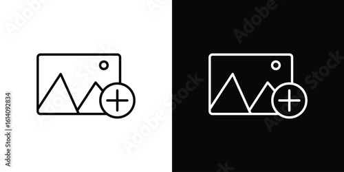 Add photos icon. Simple flat symbol. Perfect Black outline pictogram illustration