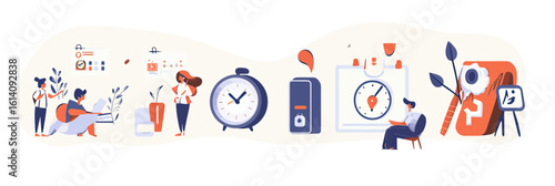 People using time management tools with clocks, calendars, reminders and notifications for scheduling and productivity in flat minimalist style