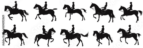 Set of black silhouette horse and rider profiles in side view performing various equestrian poses and gaits in minimalist flat vector style for sports and leisure design