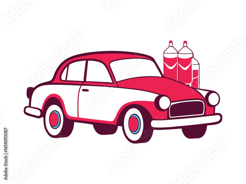 Charming 1950s Wedding Car Vector with Just Married Sign and Tied Cans – Retro Love Celebration in Vintage Style