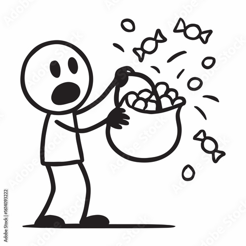 Whimsical stick figure character joyfully releasing colorful candies from an open paper bag
