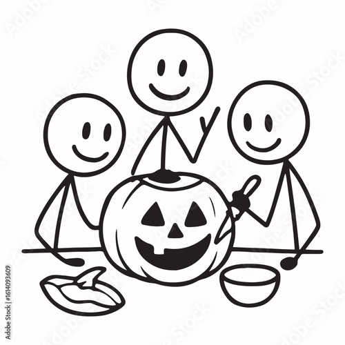 Friends happily carving a spooky jack o lantern together during the autumn halloween season celebration