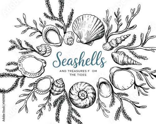Seashells starfish illustration, hand drawn collection of ocean treasures with shells and starfish, artistic coastal artwork designed for beach themed graphics and decorative use.
