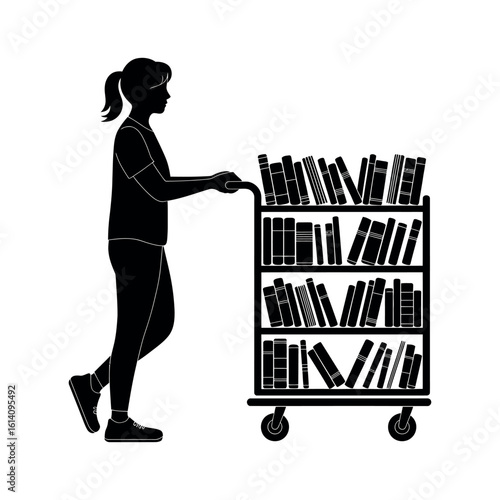 Silhouette of a woman pushing a cart full of books book cart library