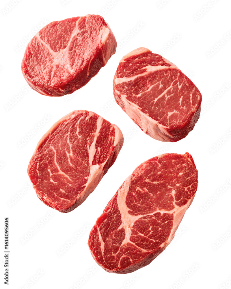 Four fresh raw beef cuts with visible marbling suspended in air, isolated on a transparent black background png. Four fresh raw beef cuts with visible marbling suspended in air, isolated on a transparent black background png.