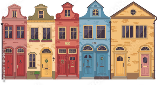 Charming european townhouses with colorful facades and unique architectural details