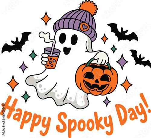 A whimsical Halloween greeting card design featuring a cute ghost in a beanie holding a pumpkin and drink.
