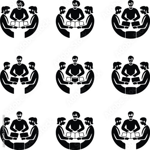 Group Study Circle Icon Silhouette Set Students Studying Together in Circle Silhouette Vector