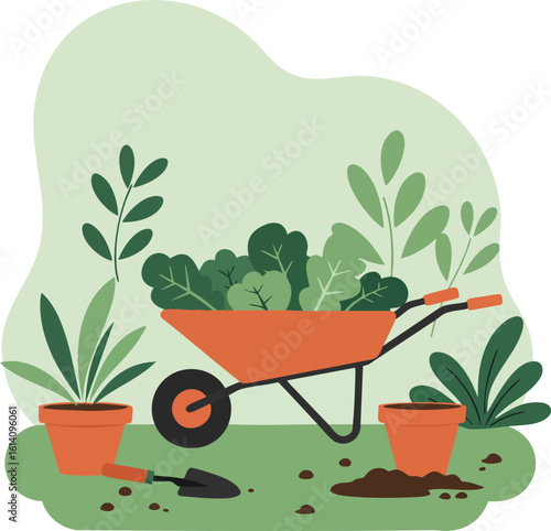 Gardening wheelbarrow with green leafy plants and potted flowers in outdoor garden scene vector illustration 