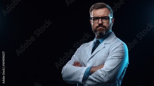 A stern-looking scientist with crossed arms, wearing a lab coat, posing.