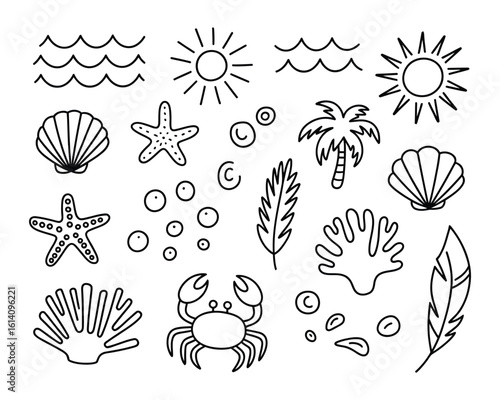 A collection of hand-drawn black line art summer icons. Doodle set with sun, sea, shell, crab, and palm tree.