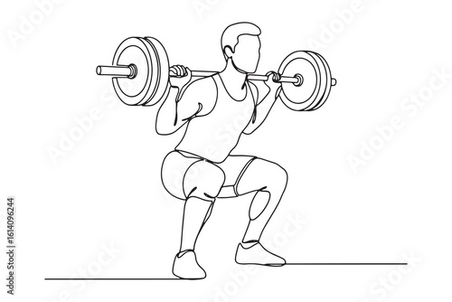  a continuous line drawing shows a man doing a barbell squat isolated on white background