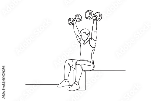  art of line drawing of a man doing dumbbell shoulder press exercise isolated on white background