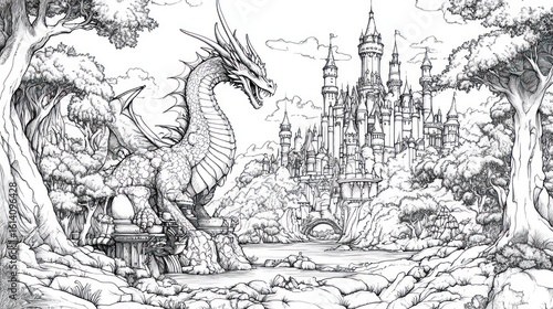 Dragon guarding fairytale castle, forest landscape, coloring book illustration