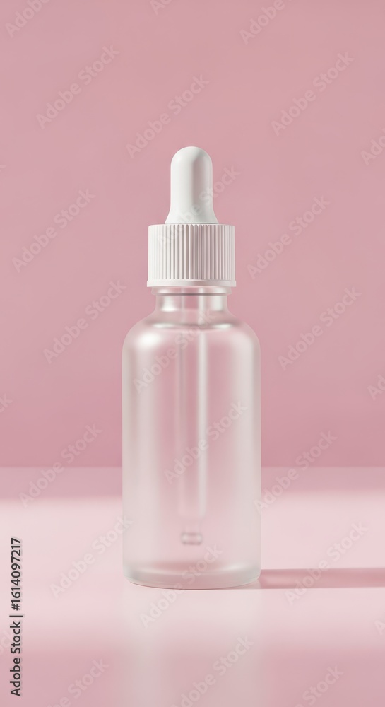 A frosted glass dropper bottle sits on a pink surface against a pink background A frosted glass dropper bottle sits on a pink surface against a pink background