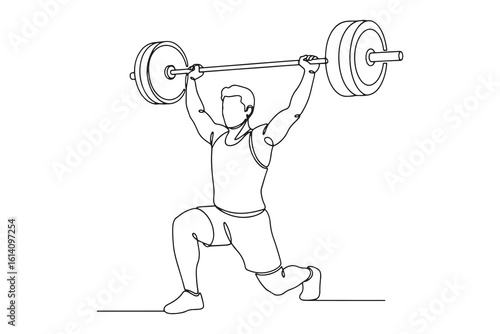 Continuous Line Drawing of a weightlifter is doing a barbell exercise, isolated on white background