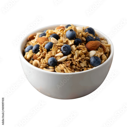 Healthy granola with blueberries and almonds in a white bowl isolated on transparent background