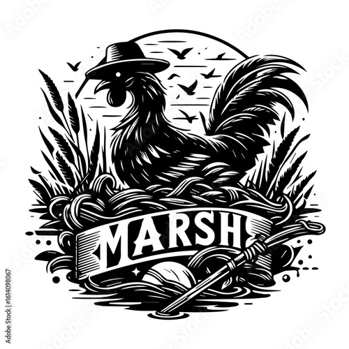 Dapper Rooster in Marshland with MARSH Banner.