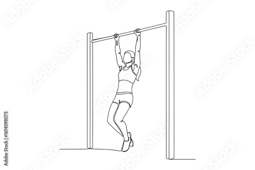 Continuous Line Drawing of  a woman is doing a pullup exercise on a bar, isolated on white background