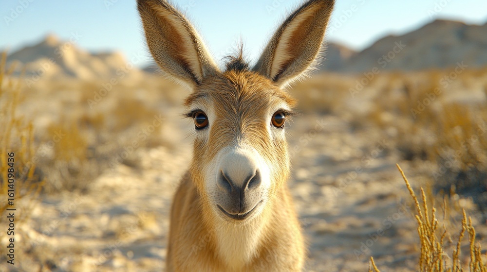 A young, curious kiang gazes directly at the camera in a sun-drenched desert landscape. A young, curious kiang gazes directly at the camera in a sun-drenched desert landscape.