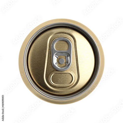 3d Top view of closed golden color aluminum soda can top view on transparent background