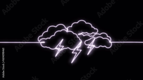 Video. Continuous neon editable pattern thunder cloud and Lightning. The concept of sadness in inclement weather, depression, stress. Animation on a black background 4K.