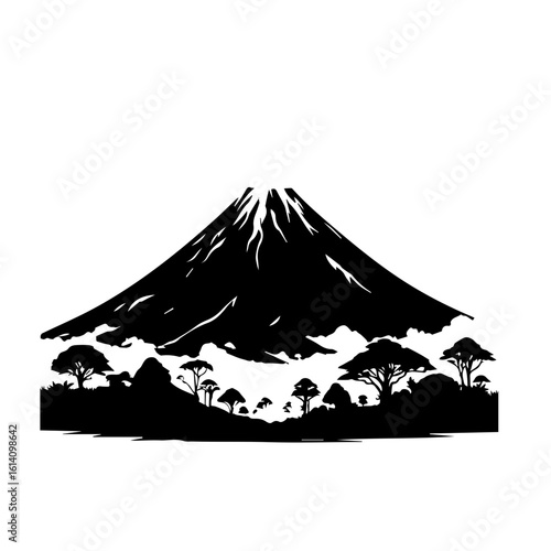 Majestic Mountain Silhouette with African Savanna Trees.