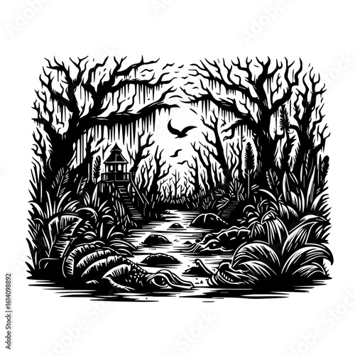 Mysterious Swamp Landscape with Alligator and Pagoda.