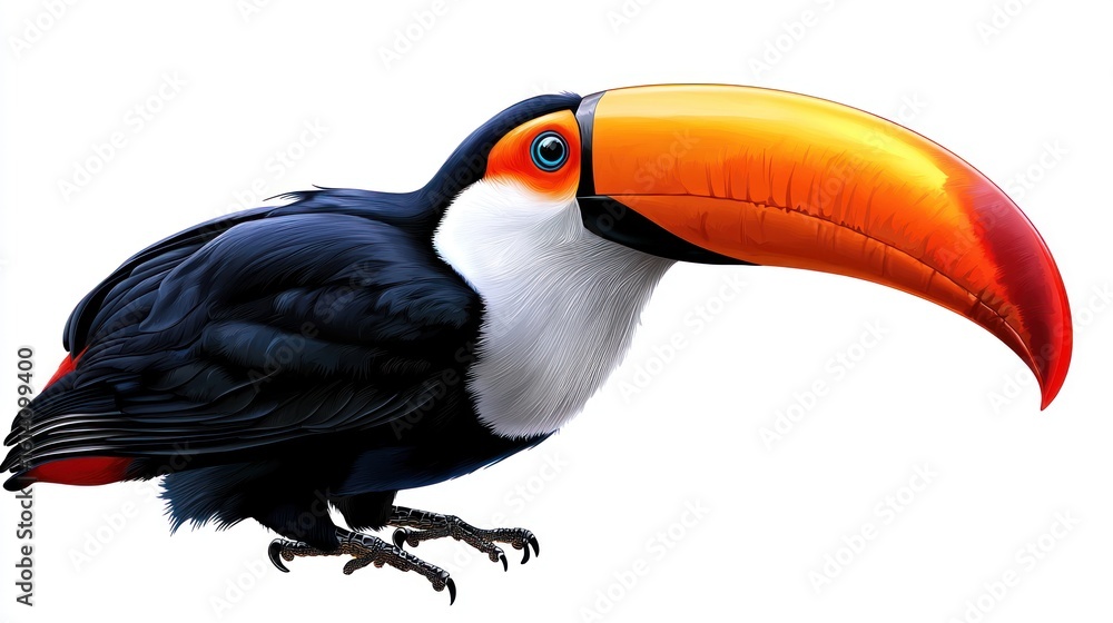 Naklejka premium A vibrant toucan with black, white, and orange plumage stands against a white background.