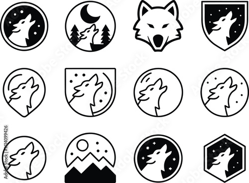 Collection of stylized wolf head and howling wolf emblems