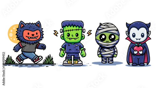 Monster Squad, Four cute adorable cartoon Halloween characters a werewolf Frankenstein mummy and vampire ready for use in designs